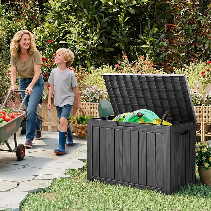 50 Gallon Outdoor Deck Box - Lockable Waterproof Storage Container, Resin Weatherproof Box for Patio Garden Furniture Pool Tools Cushions, Black