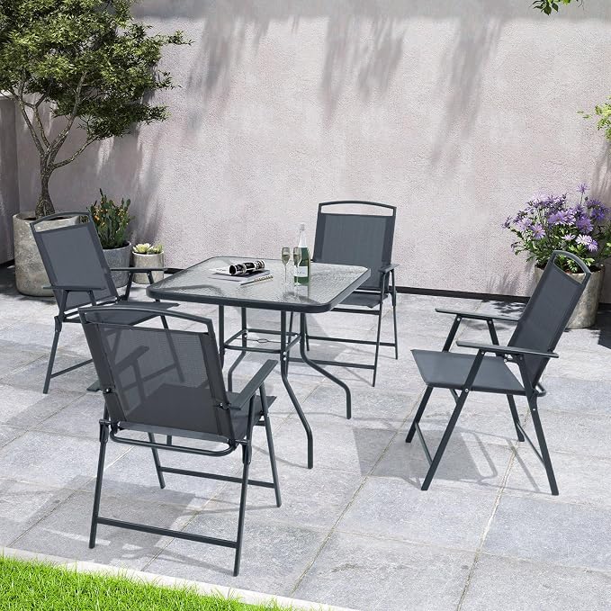 Crestlive Products 5 Piece Patio Dining Set with 4 Folding Chairs and Table Outdoor Dining Furniture with Square Glass Tabletop, Umbrella Hole for Bistro, Garden, Backyard, Deck(Grey)