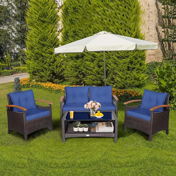 Tangkula 4 Piece Patio Rattan Conversation Set, Outdoor Wicker Sofa Set W/2-Layer Coffee Table, Backrest & Seat Cushions, Acacia Wood Curved Armrests, Suitable for Poolside, Backyard, Deck (1, Navy)
