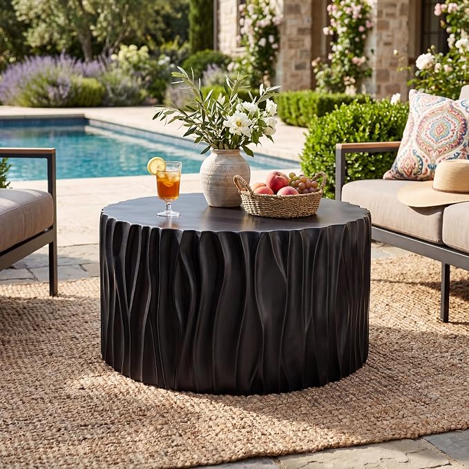 Black Coffee Table with Wavy Fluted Cylindrical Side, Modern Round MGO Magnesium Oxide Center Accent Table Assembly-Free for Living Room Patio Garden Balcony Outdoor 26.77" x 14.76"