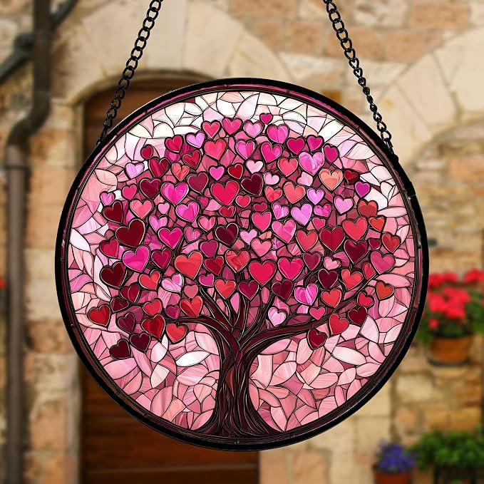 Stained Glass Window Hanging, Birthday Gifts for Women Mom Grandma Nana Wife Couple, Pink Love Tree Suncatcher for Doors Window Home Sun Catchers Gifts Decor 7.8 in