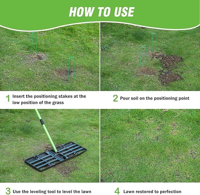 HUZSV Lawn Leveling Rake 30x10 inch,Stainless Steel Lawn Leveler with Green Positioning Stakes,78" Adjustable Long Handle,Heavy Duty Level Lawn Tool for Backyard, Garden, Golf Course, Farm, Pasture