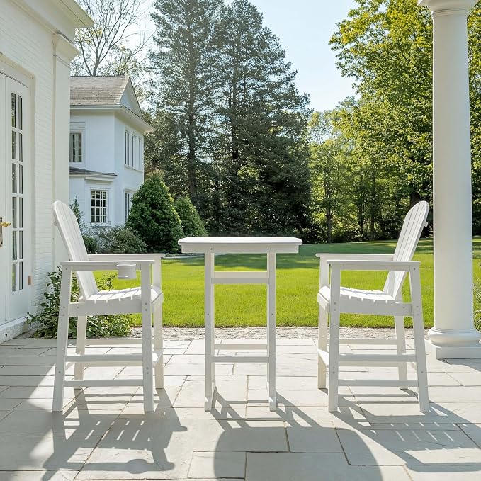 WILLIAMSPACE Height Patio Bar Table Set of 3, Outdoor Square Bar Table with Umbrella Hole, 2 Bar Stools with Cup Holders, 3-Piece All-Weather Outdoor Bistro Set for Kitchen Outside (White)