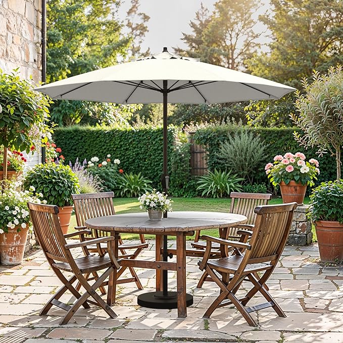 California Umbrella 12-Year Protection 7.5-Ft Outdoor Patio Umbrella, Sunbrella Fade-Resistant Fabric, Auto-Tilt, Heavy Duty Aluminum Frame, 8 Reinforced Ribs for Pool or Deck, Bronze Pole, Natural