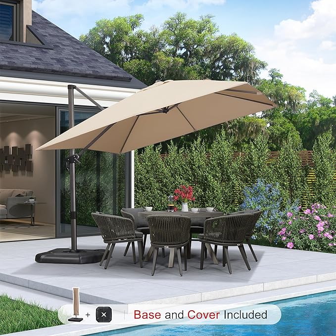 PURPLE LEAF 10'×10' Patio Umbrella with Base and Cover Outdoor Umbrella Large Cantilever Windproof Offset Heavy Duty Sun Umbrella for Garden Deck Pool Patio Beige