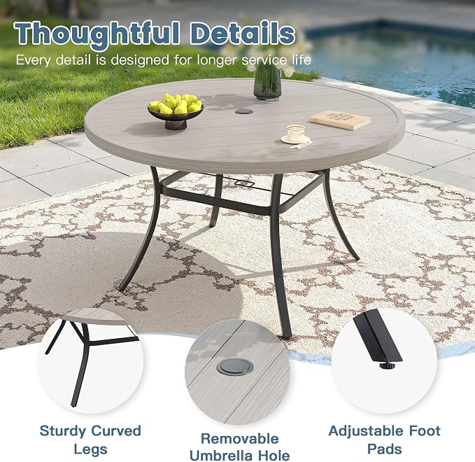 DIFY Outdoor Dining Set for 6, 7 Piece Patio Table and Chairs Set, Swivel Patio Chairs with Sandshell Textilene & 50" Grey Wood-Like Round Metal Dining Table with Umbrella Hole, for Garden Backyard