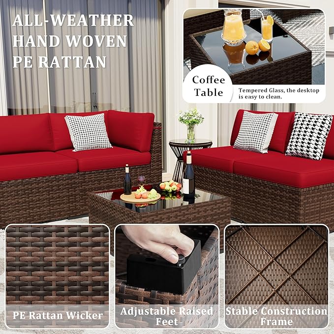 8 Pieces Outdoor Patio Furniture Set with 44" Fire Pit Table Rattan Sectional Conversation Sets w/Gas Fire Pit, Coffee Table, 1 Waterproof Covers, Wine red