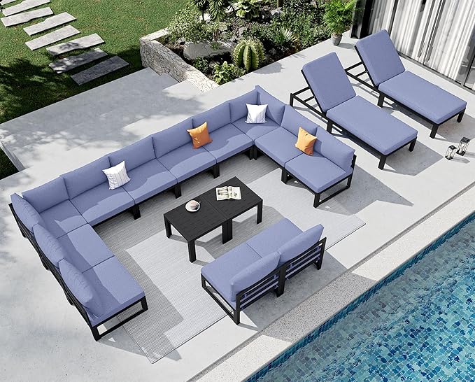 NICESOUL 16 Pcs Aluminum Patio Furniture Set for Large Groups, 500lbs Heavy Duty Outdoor Sectional Sofa with Chaise & Coffee Table, 29" Deep Wide Seating Conversation Couch for Poolside, Denim Blue