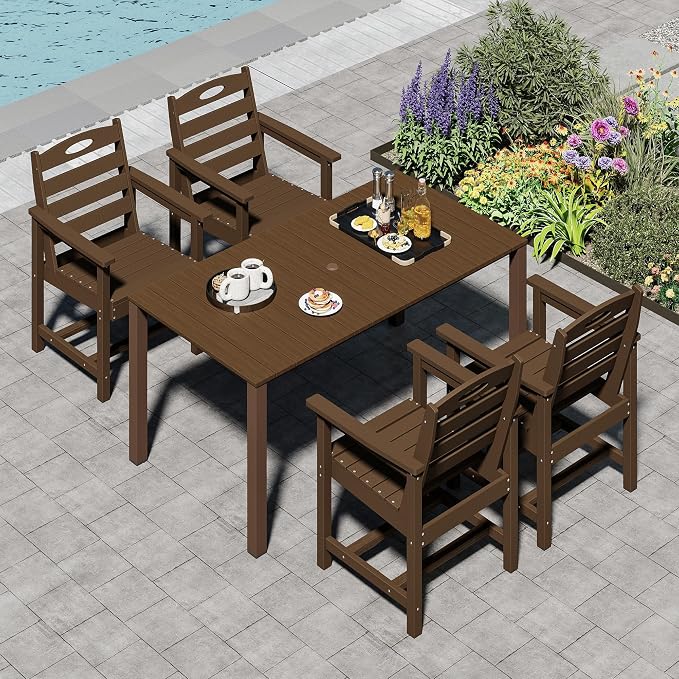 Domi HDPE Outdoor Dining Set, All-Weather 5 Piece Outdoor Dining Table Set with 2" Umbrella Hole, Outdoor Patio Dining Set for Garden, Poolside, Backyard, Deck, Brown