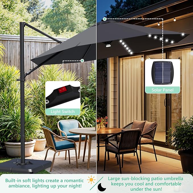Greesum 10FT Outdoor Patio Umbrella with High Pedel and 4 Gear Heights, Large Offset Umbrella with Solar LED Lights and 360-degree Rotation, Without Base, Hanging Outdoor Shade for Garden, Gray