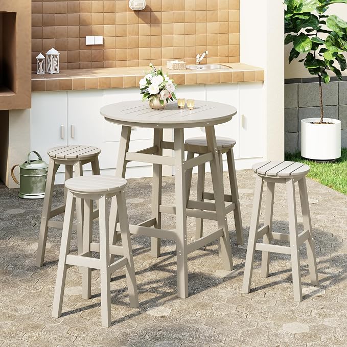 Costaelm Patio Bistro Table, 42" Counter Height Round Patio Cocktail Bar Table with Umbrella Hole, Outdoor Bistro Dining Pub Table for Front Porch Deck Backyard Garden, Sand