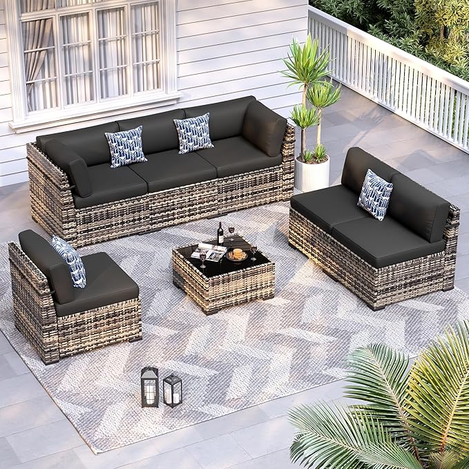 Patio Furniture Sets, 7-Piece Outdoor Patio Furniture with Thick Cushions,Coffee Table Outdoor All-Weather Conversation Set Sectional Sofa for Backyard, Poolside, Garden(Black)