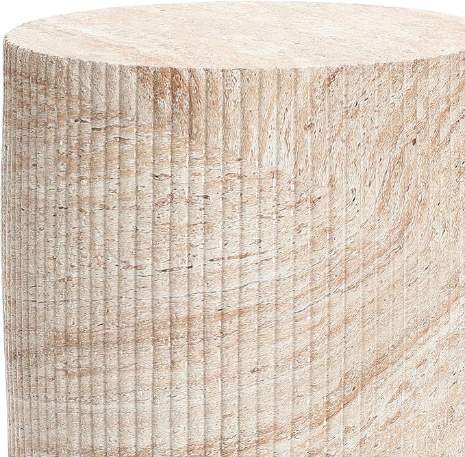 LuxenHome Outdoor Accent Side Table, 18'' Travertine-Style Outdoor Furniture, Round with Ribbed Cement End Table for Patio Backyard Balcony, Modern Coffee Furniture Gift