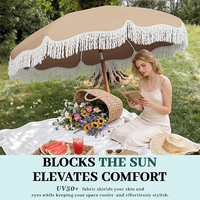 AreShark 7ft Patio Umbrella with Fringe, UPF50+ Beach Umbrella for Table, Pool & Garden, Portable Outdoor Tassels Umbrella w/Fiberglass Ribs&Push Bottom Tilt(Beige)