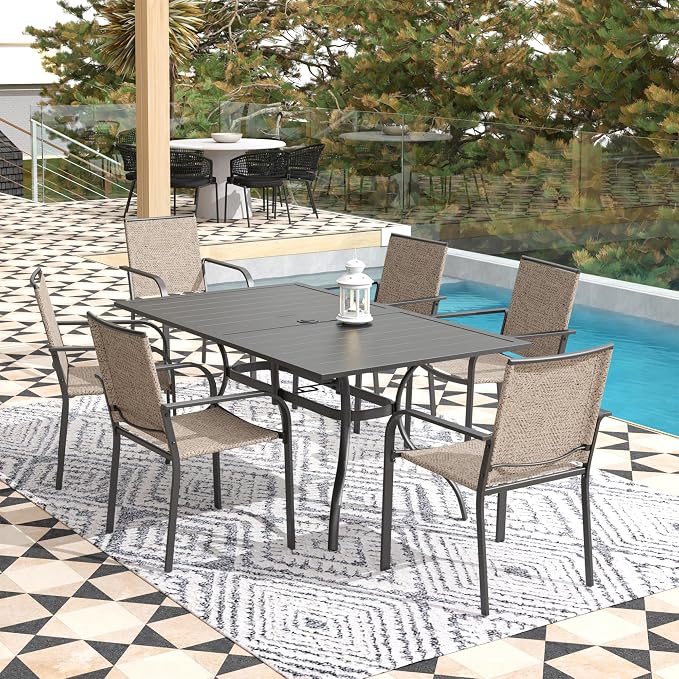 Anmutig 7-Piece Outdoor Dining Set, Patio Powder Coated Steel Table with 6 Stackable Sling Chairs, 63 x 38 Inch Table Beige White Fabric