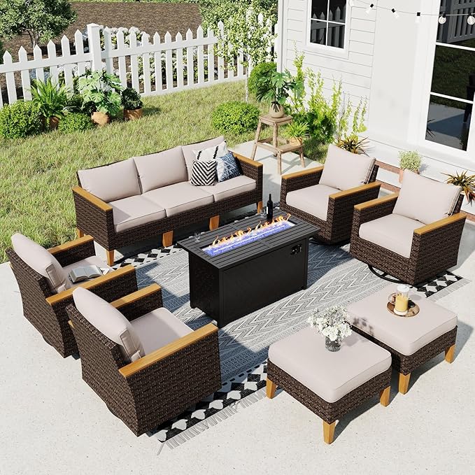 Sophia & William Patio Furniture Set with Fire Pit Table & Swivel Chairs, 10 Piece Outdoor Sectional Furniture Wicker Modular Sofa Couch, Conversation Set for Deck Backyard Lawn, Beige