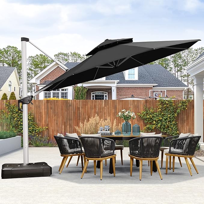 PURPLE LEAF 13 FT Cantilever Patio Umbrellas with Base Included, Large Round Offset Umbrella with 360° Rotation, Outdoor Aluminum Pool Umbrella for Pool Lawn Garden, Black