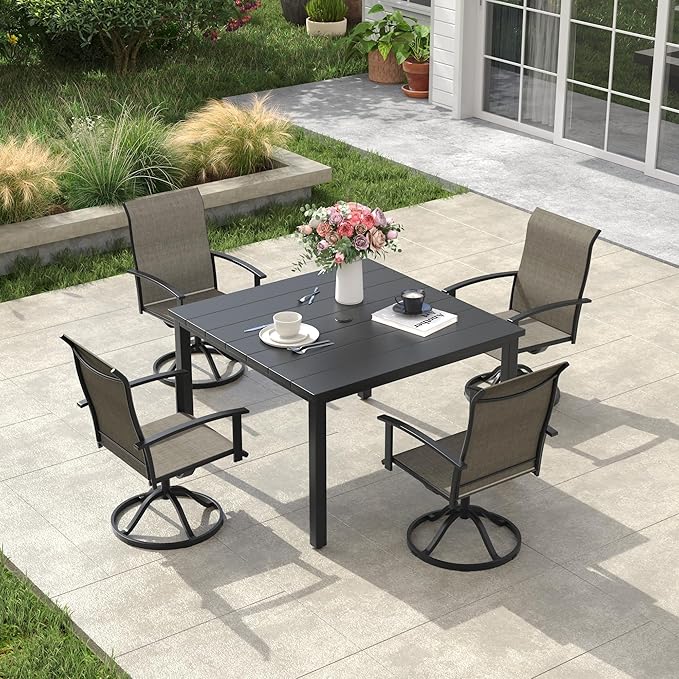 VICLLAX 5 Pieces Patio Dining Set, Patio Furniture Set of Metal Outdoor Table with Umbrella Hole and 4 Swivel Patio Chairs for Backyard Lawn, Mixed Brown & Black