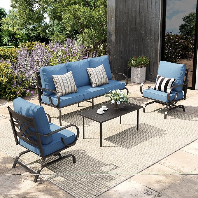 Sophia & William Patio Conversation Set for 5, 3-Seater Sofa, 2 Rocking Chairs and a Coffee Table, Metal Outdoor Furniture with 5.75" Extra Thick Cushions, Navy