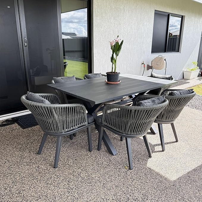 PURPLE LEAF 7 Pieces Patio Dining Set Wicker Outdoor Furniture Rectangular Table and Chairs Set for Garden Deck Aluminum Frame Backyard Kitchen Set, Cushions and Pillows Included Grey