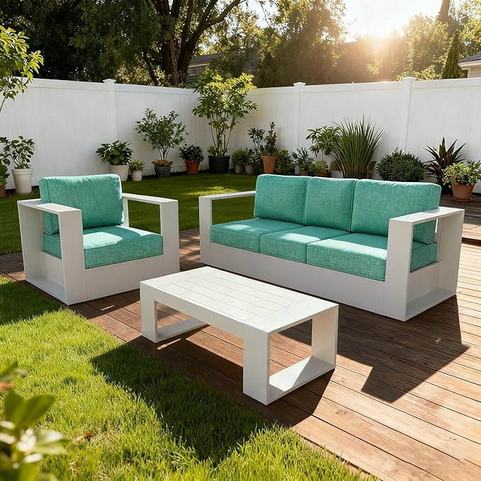 3 Pieces Patio Furniture Set with Coffee Table, Metal Modern Conversation Set with Deep Seating and Widened Aluminum Frame for Deck, Porch, Garden