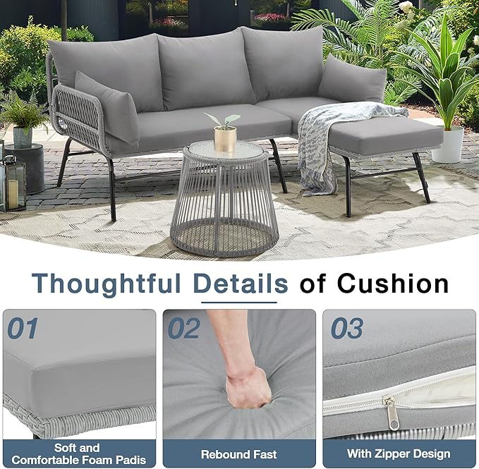EROMMY 3 Piece Boho Patio Conversation Sets, L-Shaped Sectional Patio Furniture Sofa Set with Thick Cushions and Toughened Glass Coffee Table for Backyard Balcony Garden Porch, Gray