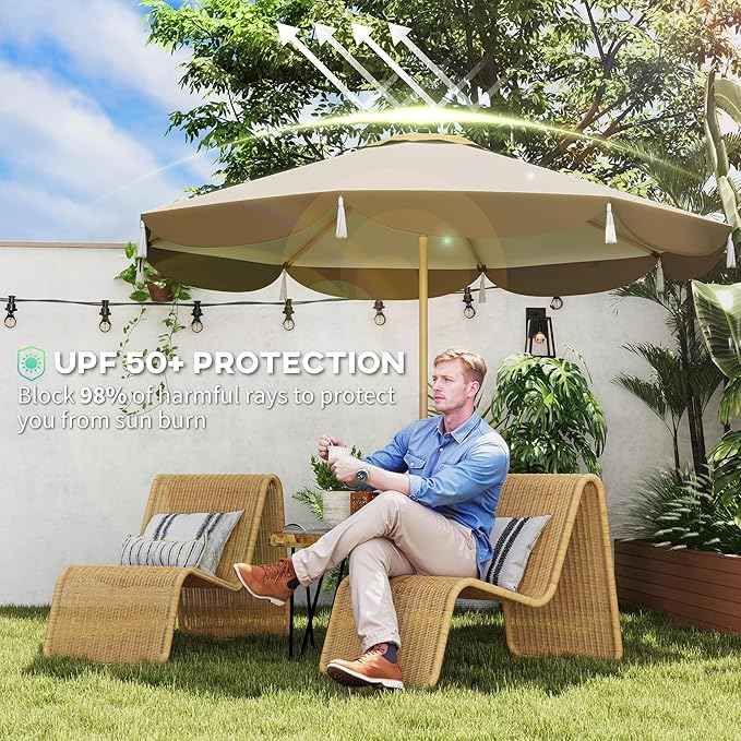 Outsunny 9FT Patio Umbrella, UPF 50+ Outdoor Market Umbrella with 8 Ribs, Vented Outdoor Table Umbrella for Deck, Backyard and Lawn