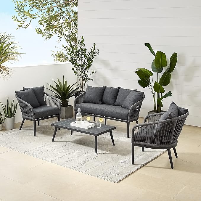 Crosley Furniture Dover 4-Piece Outdoor Loveseat Patio Furniture Set, Conversation Sets for Porch, Deck, Matte Black with Charcoal Cushions