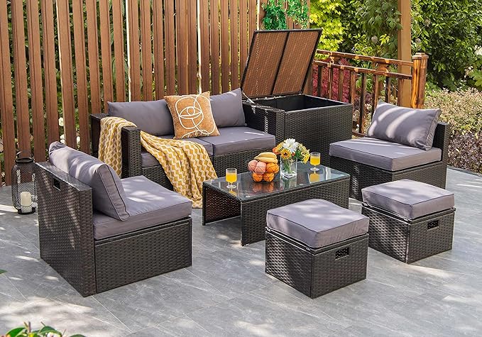 Tangkula 8 Piece Patio Furniture Set, Patiojoy Outdoor Space Saving PE Rattan Sectional Sofa Set for 6 with Waterproof Cover, for Garden, Deck, Poolside and Balcony (Grey)