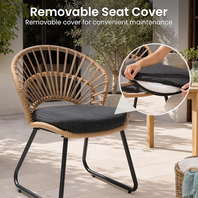 Rattan Patio Dining Chairs Set of 2, Hand-Woven Wicker Outdoor Chair | Shell Shaped Back with 2.6” Black Cushion, Sled Metal Frame Patio Side Chairs for Garden Backyard Porch