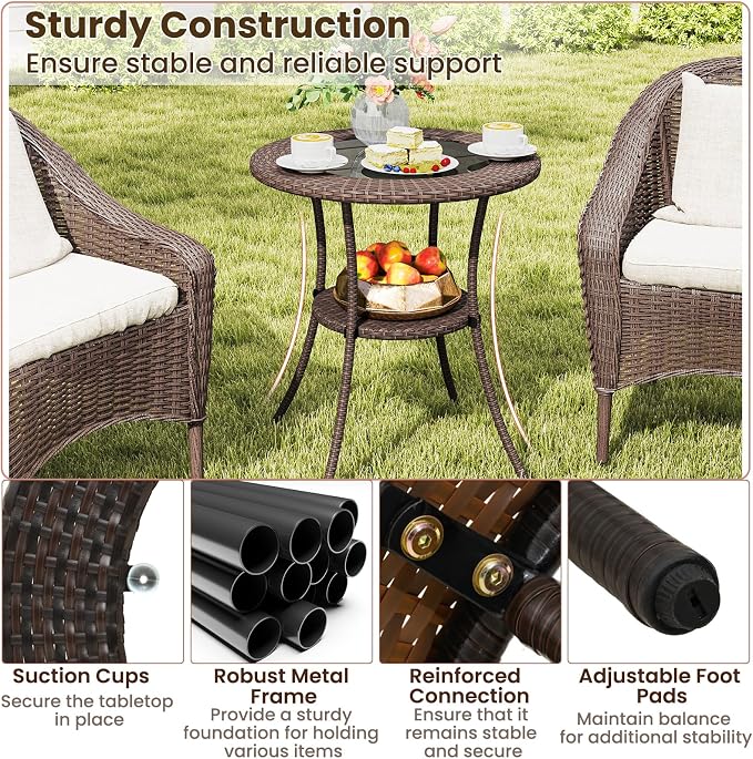 Tangkula 25 inch Patio Wicker Coffee Table Outdoor Backyard Lawn Balcony Pool Round Tempered Glass Top Rattan Steel Frame Side Table Furniture W/Storage Shelf, Brown