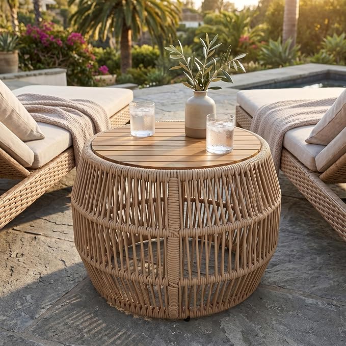 Round Acacia Wood Side Table with Light Beige Rope Frame, Teak Finish Top, 150 lbs Capacity, No Assembly Required, Weather-Resistant Accent Table for Patio Backyard Living Room
