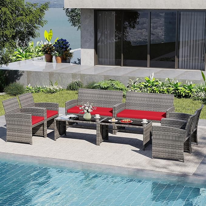 Tangkula 8 Piece Patio Wicker Furniture Set, Outdoor Heavy Duty Rattan Cushioned Chairs, Loveseat and Tempered Glass Coffee Table, for Backyard, Balcony, Poolside Red