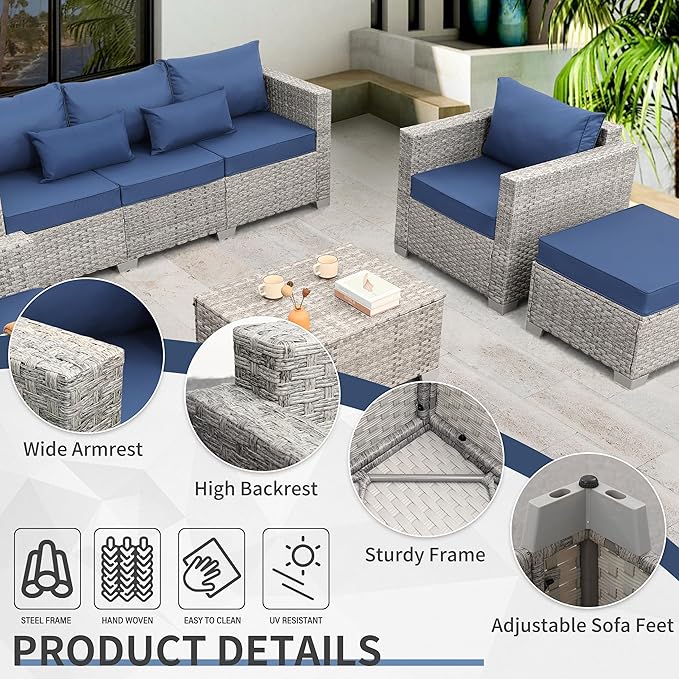 WAROOM Patio Furniture Set 6 Piece PE Rattan Outdoor Conversation Sets Grey Wicker Couch Sectional Sofa with Storage Coffee Table and Navy Blue Cushion