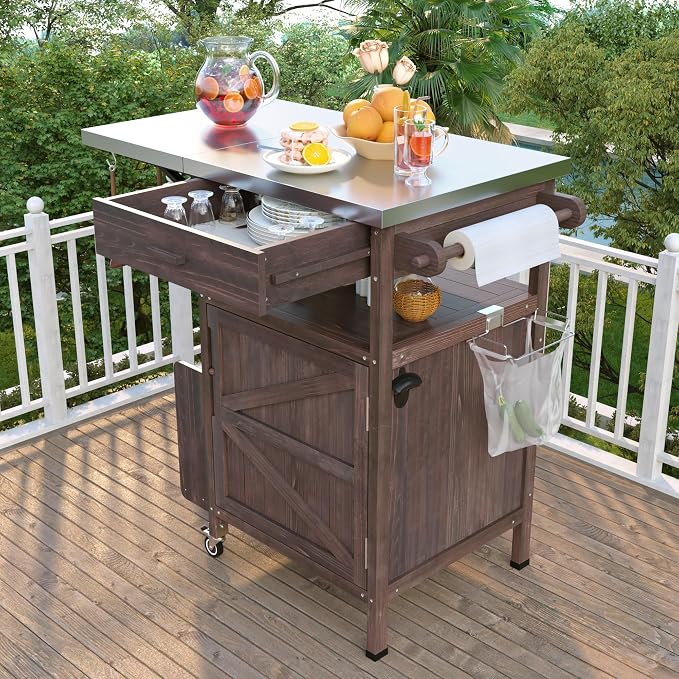Solid Wood Outdoor Small Grill Table Kitchen Island with Stainless Steel Drop Leaf, Farmhouse Serving Cart with Drawer and Wheels, Outdoor Side Bar Table for Patio, Lawn Garden, Kitchen, Brown