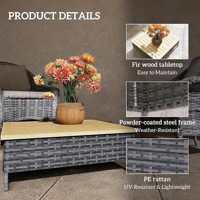 Outsunny Outdoor Side Table with PE Rattan, Patio End Table with Natural Fir Wood Top, Weather Resistant Accent Table for Patio Pool Porch, Gray