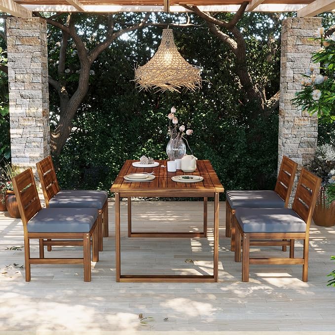 Farmhouse 5-Piece Outdoor Patio Dining Set for 4, Acacia Wood Table with Adjustable Legs, for Backyard Garden Deck (Brown,Gray 2)