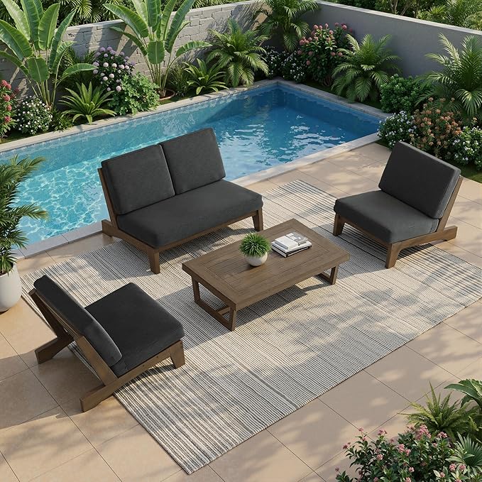 UIXE All Weather Patio Furniture Sets, 4 Pieces Teak Wood Outdoor Sectional Futniture Patio Sofa Chair Backyard Conversation Set with Solid Wooden Coffee Table - Dark Gray