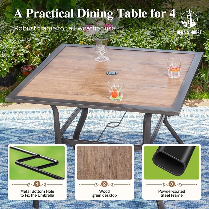 HERA'S HOUSE Patio Dining Set for 4, Wood-Look Metal Table, Red Chair | 37" outdoor square table + textilene chairs, All-weather, rust-resistant for Lawn Garden Backyard