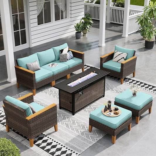 Sophia & William Patio Furniture Set with Fire Pit Table, 8 Piece Outdoor Wicker Conversation Set, Large Rattan Sectional Sofa with Ottoman & 56" Fire Pit Table(Aqua Blue)