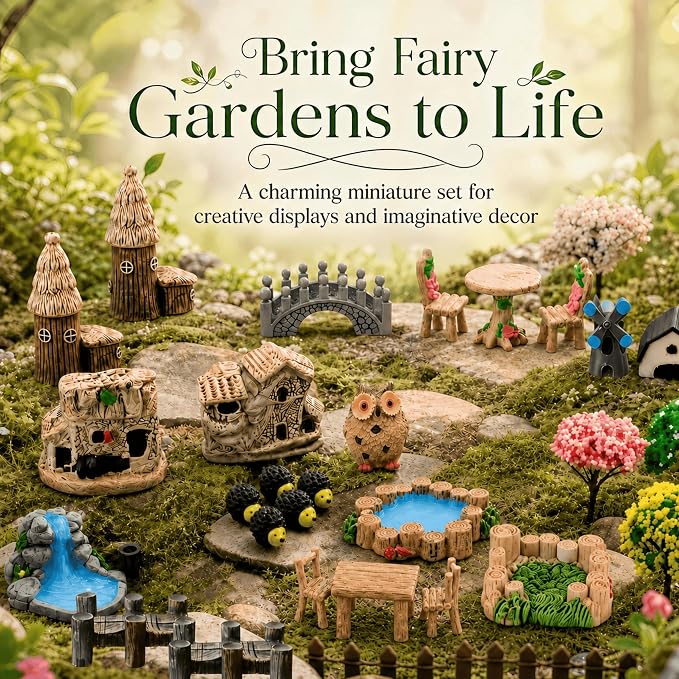 33 Pcs Fairy Garden Kit, Resin Fairy House Accessories with Animal Figurines & Fences, Stable & Noticeable Terrarium Decor for Outdoor Planters and DIY Micro Landscapes