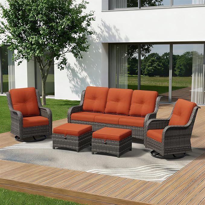 5 Piece Outdoor Wicker Patio Furniture Set, Outdoor Swivel Rocker Patio Chairs Set with Thickened Olefin Cushions, High Back and Deep Seating, Hand-Woven PE Rattan for Porch, Deck