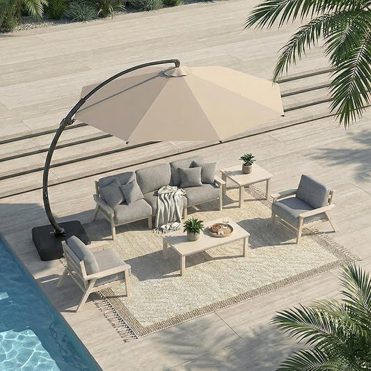 7 Piece Patio Conversation Sets, Outdoor Couch with Washable Thick Gray Cushions, HDPE Patio Furniture Set with 12FT Umbrella, Outdoor Sectional Furniture for Backyard (White Frame)