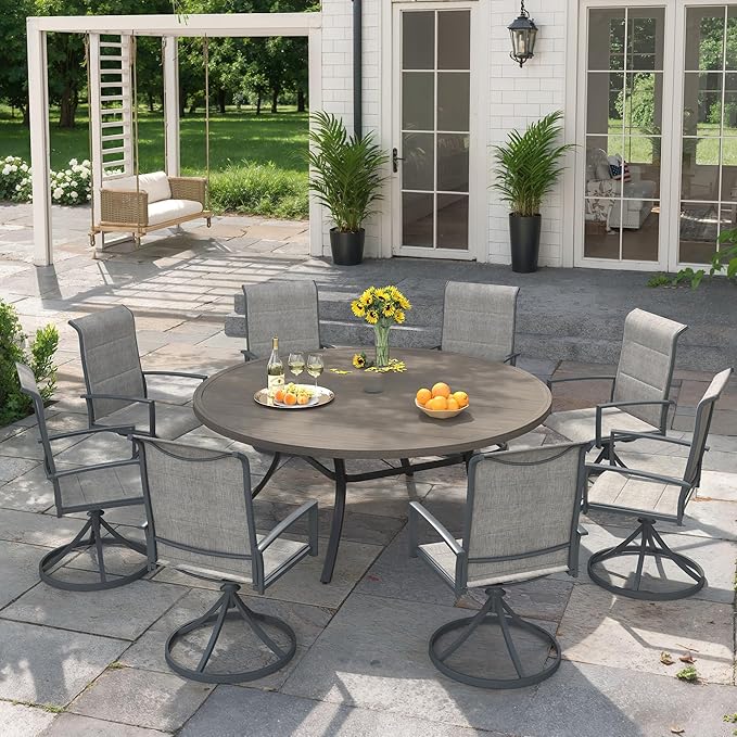 VICLLAX 9 Pieces Outdoor Dining Set, Patio Furniture Set Includes 60" Round Metal Table W/ 1.9" Umbrella Hole and 8 Padded Textilene Swivel Chairs for Porch, Lawn, Garden, Backyard