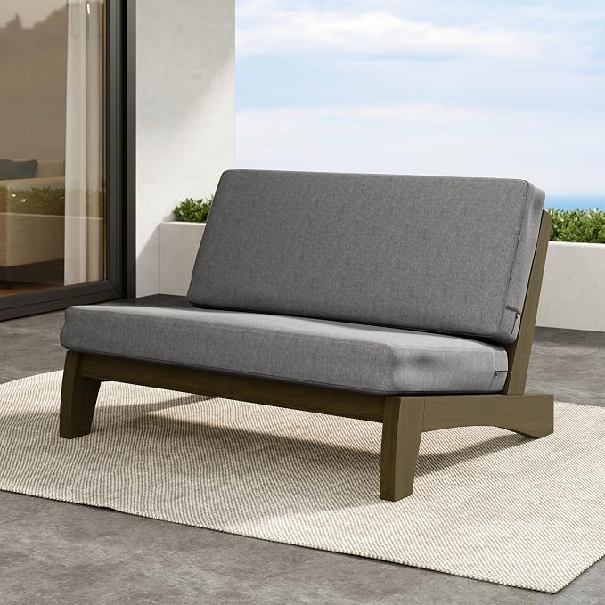 Outdoor Furniture Patio Couch, Weather Resistant Patio Loveseat Sofa Couch with Removable Cushion, Teak Wood Frame for Porch & Backyard Seating - Grey
