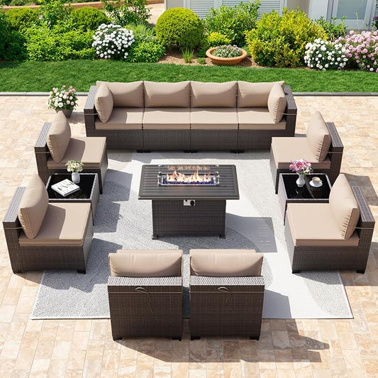 13 Pieces Outdoor Patio Furniture Set,Outdoor Sectional Furniture with 43" 55000 BTU Gas Propane Fire Pit Table,PE Rattan Wicker Patio Conversation Set with 10 Thickened Cushions,Sand