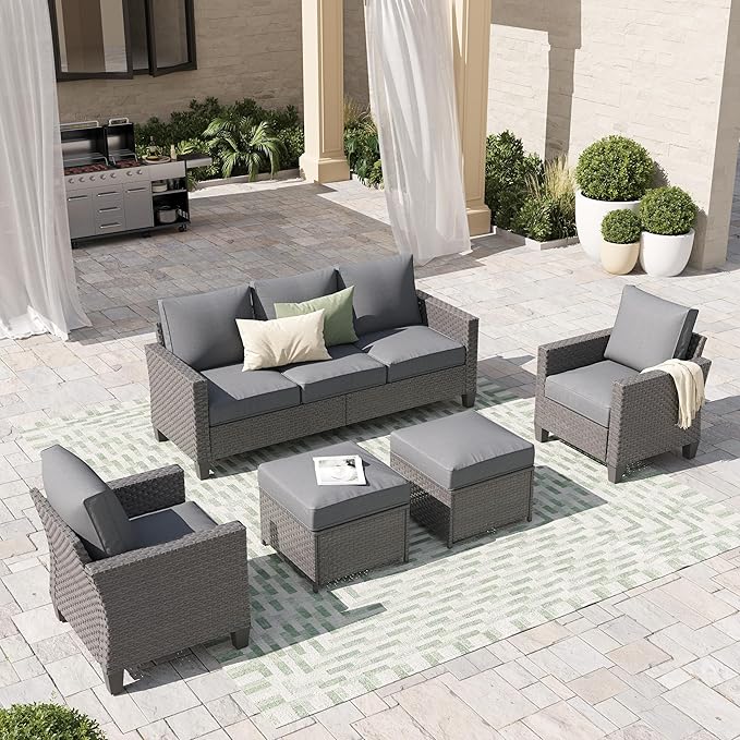 SUNSITT Outdoor Patio Furniture Set 5 Piece Wicker Conversation Set with Ottoman 3 Seat Sofa Couch with Club Chair, Grey Wicker & Grey Cushion