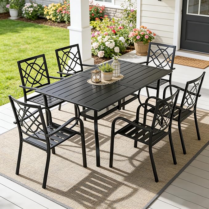 SUNCROWN 7-Piece Outdoor Wrought Iron Chairs and Table Patio Dining Furniture Set - 6 Stackable Metal Chairs, 1 Steel Slat Bistro Table for Garden Backyard Deck