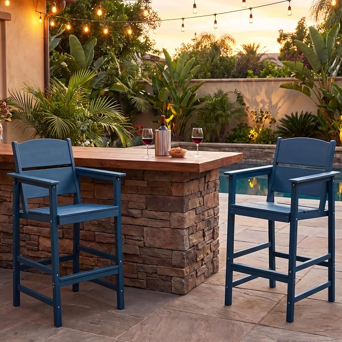 4 Pack Outdoor Bar Stools, HDPE Patio Bar Chairs with Armrests & Footrest, Weather Resistant All-Weather Counter Height Chairs for Outdoor Deck, Backyard, Poolside,Blue
