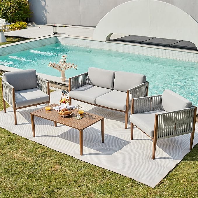 NATURAL EXPRESSIONS 4 Pieces Patio Furniture Sets, Outdoor Patio Deep Seating Group Conversation Sofa Set with Handwoven Rope, Wooden Grain Printing Metal Frame with Olefin Cushions